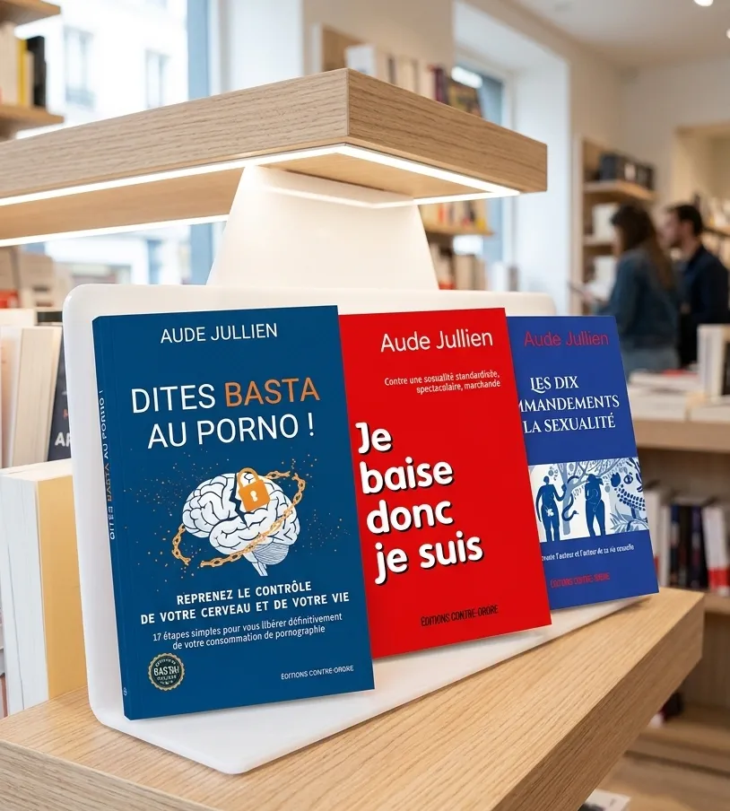 Présentoir livres Dites Basta au porno, Je baise donc je suis, les 10 commandements de la sexualité de la sexologue Aude Jullien