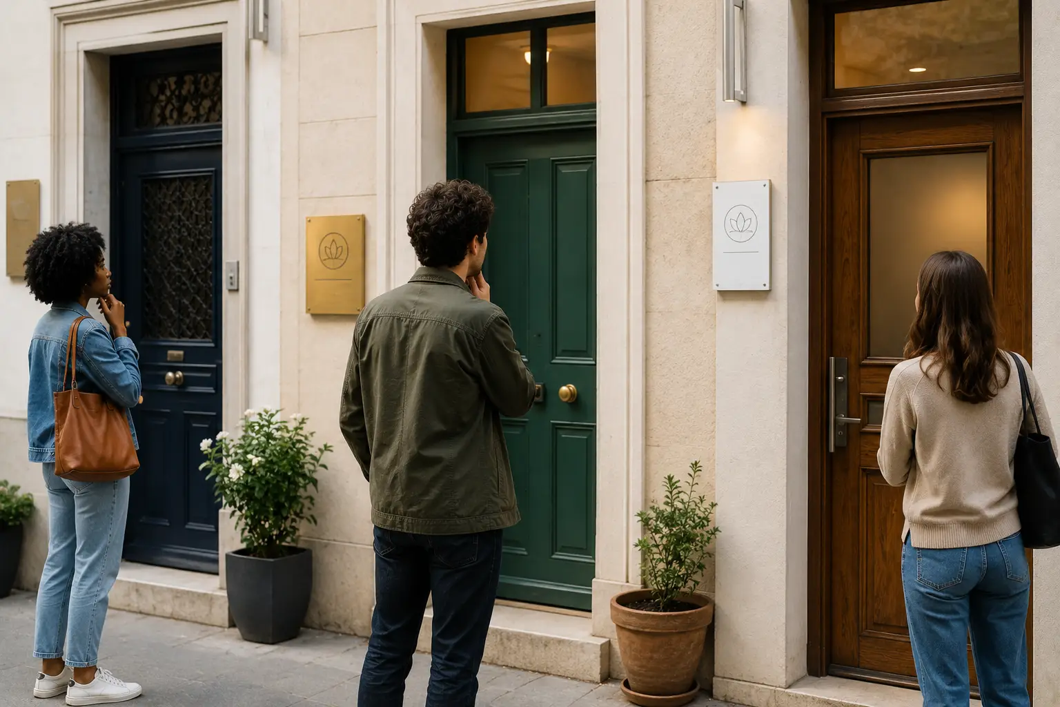 Personnes hésitant devant plusieurs cabinets de consultation avant de choisir un professionnel en sexologie.